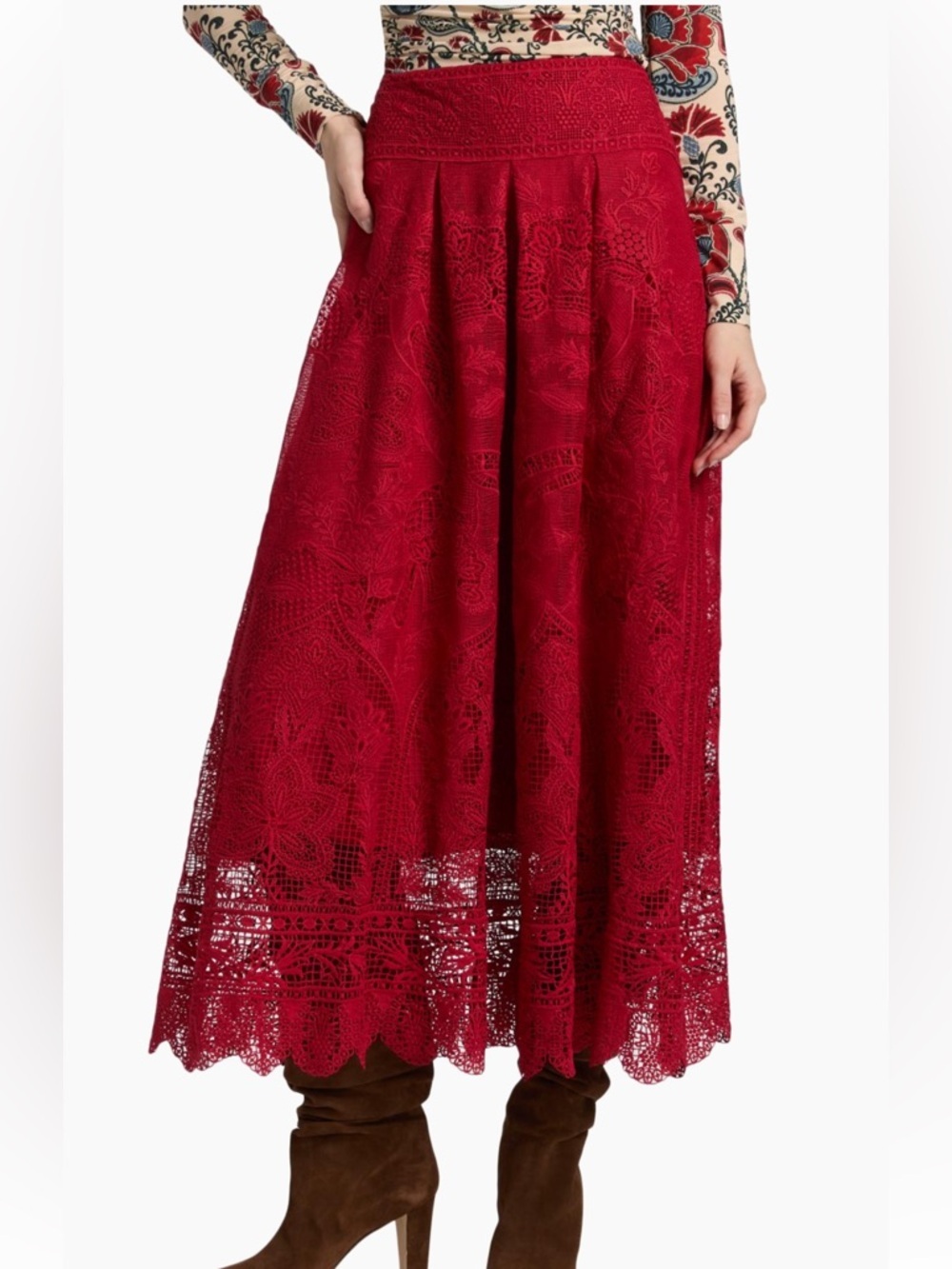 Farm Rio Red Boho Garden Guipure Lace Midi-Skirt - Picture 2 of 15